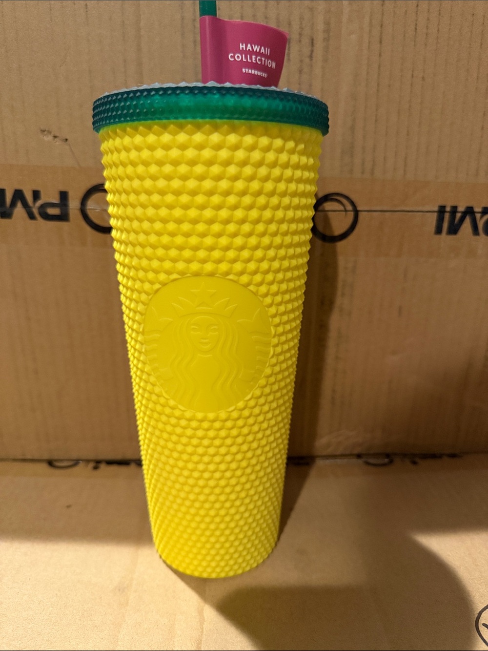 Starbucks Yellow Studded Reusable Cup with Green Lid
